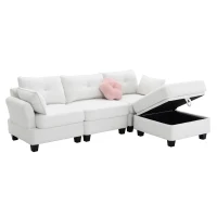 92" x 63" Modern L-Shaped Teddy Velvet Sectional Sofa with Charging Ports, Storage Ottoman and 3 Pillows, for Living Room, Beige(m-12)
