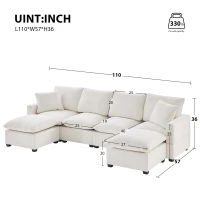 110" Modern U Shape Modular Sofa with 2 Pillows, 6 Seat Chenille Sectional Couch Set, Freely Combinable, 110″ L x 57″ W x 37″ H, White(m-3)