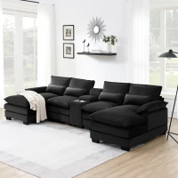 123" Modern U-Shaped 6-Seat Upholstered Sleeper Sofa Set with Console, Cupholders, USB Ports, and Chaise, 123″ L x 55″ W x 33″ H, Black(m-1)