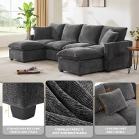 110" Modern U Shape Modular Sofa with 2 Pillows, 6 Seat Chenille Sectional Couch Set, Freely Combinable, 110″ L x 57″ W x 37″ H, Black+Gray(m-4)