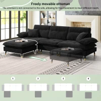106" L-Shaped Convertible Tufted Sectional Sofa with 4-Seat, Adjustable Legs, Movable Ottoman for Living Room, 106″ L x 66.5″ W x 34″ H, Black(m-8)