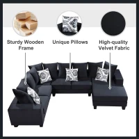 110" x 85" Modern U-Shape Velvet Corner Sectional Sofa with Lots of Pillows, Elegant and Functional Indoor Furniture, for Living Room, Black(m-4)