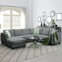 112" x 87" 7-Seater Modular Sofa with Ottoman and 3 Pillows, L-Shaped Fabric Couch Set, Modern Living Room Furniture, Gray(m-9)