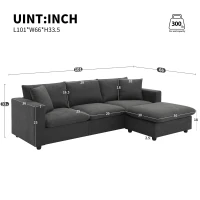 Modern L-Shaped 4-Seat Polyester Fabric Sectional Sofa Set with Convertible Ottoman and 2 Free Pillows, for Living Room, Dawn Gray(m-3)