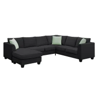 112" x 87" 7-Seater Modular Sofa with Ottoman and 3 Pillows, L-Shaped Fabric Couch Set, Modern Living Room Furniture, Black(m-2)