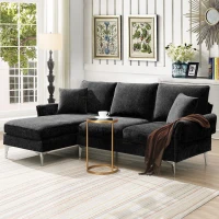 84" Modern Chenille L-Shaped Sofa with Reversible Lounge, 4-Seat, Indoor Furniture with Reversible Chaise and 2 Pillows, Black(m-1)