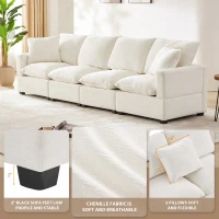 110" Modern 4-Seat Chenille Modular Sofa Set with 2 Pillows, Freely Combinable, for Living Room, 110″ L x 29″ W x 37″ H, White(m-4)