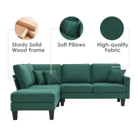 Modern 5-Seat L-Shape Sectional Sofa Set with Chaise Lounge and 3 Pillows, Terrycloth Fabric, 90″ L x 88″ W x 35″ H, Green(m-4)