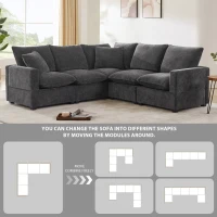 84" x 84" Modern L Shape Modular Sofa with 2 Pillows, 5 Seat Chenille Sectional Couch Set, for Living Room, 84″ L x 84″ W x 37″ H, Black+Gray(m-9)