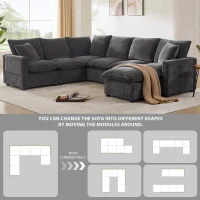 110" x 84" Modern U-Shape 7-Seat Chenille Modular Sofa Set with 2 Pillows, Freely Combinable for Living Room, 110″ L x 84″ W x 37″ H, Black+Gray(m-9)