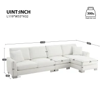 119" x 55" Modern Oversized Sectional Sofa with 2 Free Pillows and Chaise, L-Shaped 5-Seat Chenille Indoor Furniture for Living Room, White(m-3)