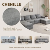 115" Chenille Modular Sectional 6-Seat Sleeper Sofa with Ottoman, U-Shaped Reversible Couch, for Living Room, 115″ L x 58″ W x 32″ H, Gray(m-4)