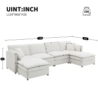 134" Chenille Modular Sectional 6 Seat Sleeper Sofa Bed with Ottomans, Double Cushions, for Living Room, 134″ L x 66″ W x 35″ H, Cream(m-3)