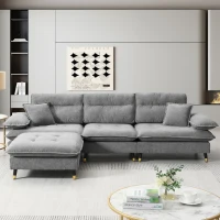 106" L-Shaped Convertible Tufted Sectional Sofa with 4-Seat, Adjustable Legs, Movable Ottoman for Living Room, 106″ L x 66.5″ W x 34″ H, Gray(m-9)