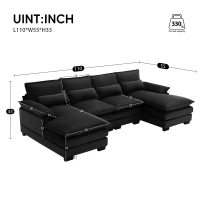 Modern U-Shaped 6-Seat Sectional Sofa with Chaise Lounge, Upholstered Sleeper Couch with Waist Pillows, 110″ L x 55″ W x 33″ H, Black(m-3)
