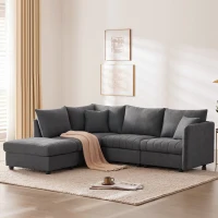 89" x 79" Modern Sectional Sofa with Vertical Stripes and 2 Pillows, 5-Seat Couch with Convertible Ottoman, for Living Room, Dark Gray(m-9)