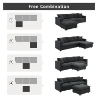Modern L-Shaped 4-Seat Polyester Fabric Sectional Sofa Set with Convertible Ottoman and 2 Free Pillows, for Living Room, Black(m-7)