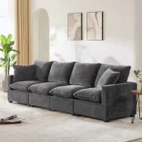 110" Modern 4-Seat Chenille Modular Sofa Set with 2 Pillows, Freely Combinable, for Living Room, 110″ L x 29″ W x 37″ H, Black+Gray(m-1)