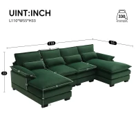 Modern U-Shaped 6-Seat Sectional Sofa with Chaise Lounge, Upholstered Sleeper Couch with Waist Pillows, 110″ L x 55″ W x 33″ H, Green(m-3)