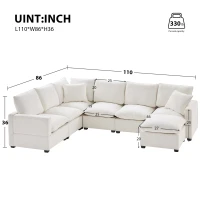110" x 84" Modern U-Shape 7-Seat Chenille Modular Sofa Set with 2 Pillows, Freely Combinable for Living Room, 110″ L x 84″ W x 37″ H, White(m-3)