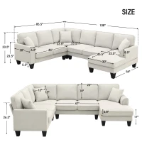 108" Modern U-Shaped 7-Seat Fabric Sectional Sofa Set with 3 Pillows, for Living Room, Apartment, Office, 108″ L x 85.5″ W x 33.5″ H, Beige(m-3)