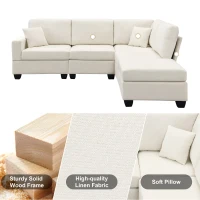 90" Modern L-Shape 5-Seat Sectional Sofa Set with Convertible Ottoman and 2 Pillows, Linen Fabric Couch, 90″ L x 60″ W x 32″ H, Beige(m-4)