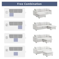 Modern L-Shaped 4-Seat Polyester Fabric Sectional Sofa Set with Convertible Ottoman and 2 Free Pillows, for Living Room, White(m-7)
