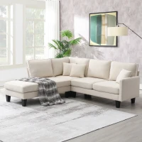 Modern 5-Seat L-Shape Sectional Sofa with Chaise Lounge and 3 Pillows, Terrycloth Upholstery, 90″ L x 88″ W x 35″ H, Beige(m-1)