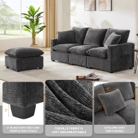 84" x 57" Modern 4-Seat Chenille Modular Sofa Set with 2 Pillows, Freely Combinable, for Living Room, 84″ L x 57″ W x 37″ H, Black+Gray(m-4)
