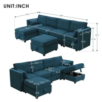 109" U-Shaped Chenille Modular Sectional Sofa with Adjustable Armrests and Backrests, 6-Seat Reversible Sofa, 109″ L x 55″ W x 33″ H, Blue(m-3)
