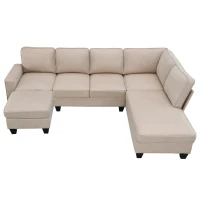 104.5" x 79" Modern L-Shaped 7-Seat Sectional Sofa with Chaise Lounge and Convertible Ottoman, Linen Fabric Couch for Living Room, Khaki(m-12)