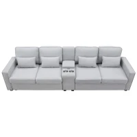 114.5" Modern Linen Fabric Upholstered Sofa with Console, 2 Cupholders, USB Ports, 4 Pillows, 4-Seat, 114.5″ L x 33″ W x 35″ H, Light Gray(m-2)