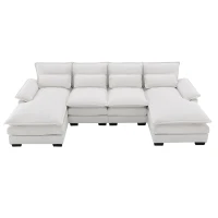 Modern U-Shaped 6-Seat Sectional Sofa with Chaise Lounge, Upholstered Sleeper Couch with Waist Pillows, 110″ L x 55″ W x 33″ H, White(m-2)