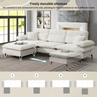 106" L-Shaped Convertible Tufted Sectional Sofa with 4-Seat, Adjustable Legs, Movable Ottoman for Living Room, 106″ L x 66.5″ W x 34″ H, White(m-8)