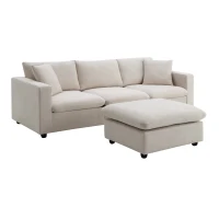 Modern L-Shaped 4-Seat Polyester Fabric Sectional Sofa Set with Convertible Ottoman and 2 Free Pillows, for Living Room, Beige(m-13)