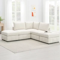 93" Modern Sectional Sofa with Convertible Ottomans and Vertical Stripes, 5-Seat L-Shape Armless Couch Set for Living Room, Beige(m-9)