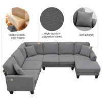108" Modern U-Shaped 7-Seat Fabric Sectional Sofa Set with 3 Pillows, for Living Room, Apartment, 108″ L x 85.5″ W x 33.5″ H, Dark Grey(m-4)