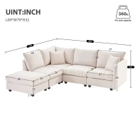 89" x 79" Modern Sectional Sofa with Vertical Stripes and 2 Pillows, 5-Seat Couch with Convertible Ottoman, for Living Room, Beige(m-3)