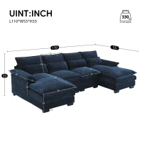 Modern U-Shaped 6-Seat Sectional Sofa with Chaise Lounge, Upholstered Sleeper Couch with Waist Pillows, 110″ L x 55″ W x 33″ H, Blue(m-3)