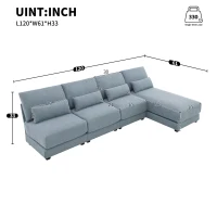 Oversized Deep Seat Sectional Sofa with Reversible Chaise, Loop Yarn Fabric, 5-Seat Couch for Living Room, 120″ L x 61″ W x 33″ H, Blue(m-3)