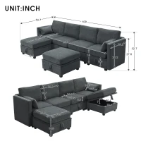 109" U-Shaped Chenille Modular Sectional Sofa with Adjustable Armrests and Backrests, 6-Seat Reversible Sofa, 109″ L x 55″ W x 33″ H, Grey(m-3)