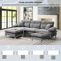 106" L-Shaped Convertible Tufted Sectional Sofa with 4-Seat, Adjustable Legs, Movable Ottoman for Living Room, 106″ L x 66.5″ W x 34″ H, Gray(m-8)