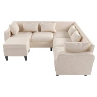87" Modern Sectional Sofa with Coffee Table, Ottoman, Armrests, 6 Pillows, 6-Seat Couch for Living Room, 87″ L x 87″ W x 30″ H, Beige(m-12)