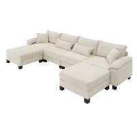 133" x 65" U-Shaped Corduroy Modular Sectional Sofa with Armrest Bags, 6-Seat Freely Combinable Sofa Bed, for Living Room, Beige(m-12)
