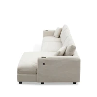 Oversized Corduroy Sectional Sofa with USB Charging Port and Cup Holder, Deep Seat Sofa Bed with 50" Chaise, 134″ L x 54″ W x 25″ H, Beige(m-12)