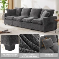 110" Modern 4-Seat Chenille Modular Sofa Set with 2 Pillows, Freely Combinable, for Living Room, 110″ L x 29″ W x 37″ H, Black+Gray(m-4)