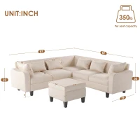 87" Modern Sectional Sofa with Coffee Table, Ottoman, Armrests, 6 Pillows, 6-Seat Couch for Living Room, 87″ L x 87″ W x 30″ H, Beige(m-3)