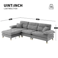 106" L-Shaped Convertible Tufted Sectional Sofa with 4-Seat, Adjustable Legs, Movable Ottoman for Living Room, 106″ L x 66.5″ W x 34″ H, Gray(m-3)