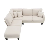 Modern 5-Seat L-Shape Sectional Sofa with Chaise Lounge and 3 Pillows, Terrycloth Upholstery, 90″ L x 88″ W x 35″ H, Beige(m-2)