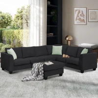 112" x 87" 7-Seater Modular Sofa with Ottoman and 3 Pillows, L-Shaped Fabric Couch Set, Modern Living Room Furniture, Black(m-9)